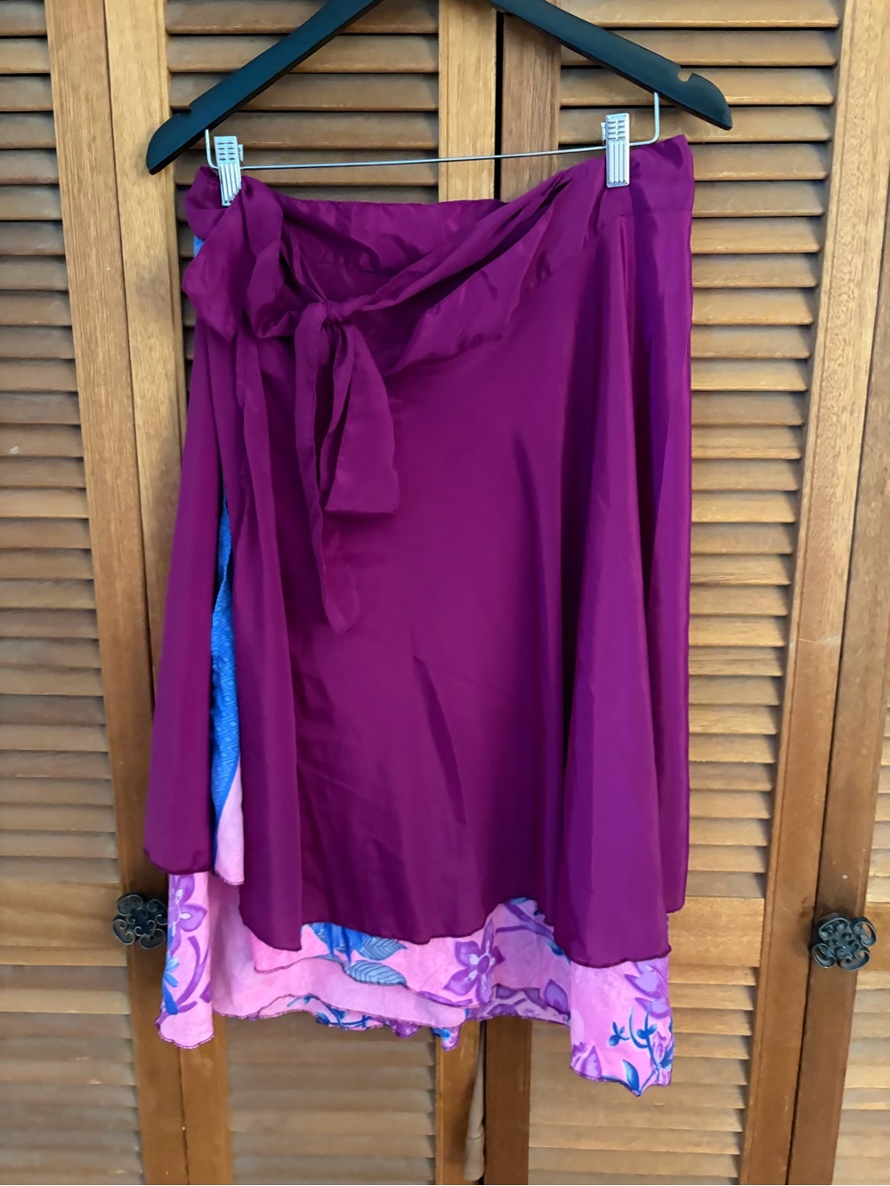 Women's A-Line silk Wrap Skirt in Deep Magenta with floral hem size medium